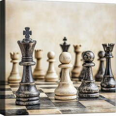 Fototapeta premium Strategic chess match between black and white pieces on a classic board indoor setting still life perspective for game enthusiasts