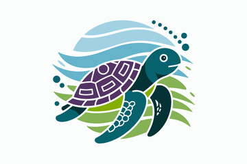 Stylized Sea Turtle Swimming Through Colorful Waves in Ocean Tones