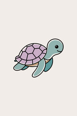 Cute Cartoon Turtle with Purple Shell Swimming on a Soft Beige Background
