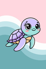 Cute Cartoon Turtle Swimming in a Tranquil Ocean with Soft Pastel Colors