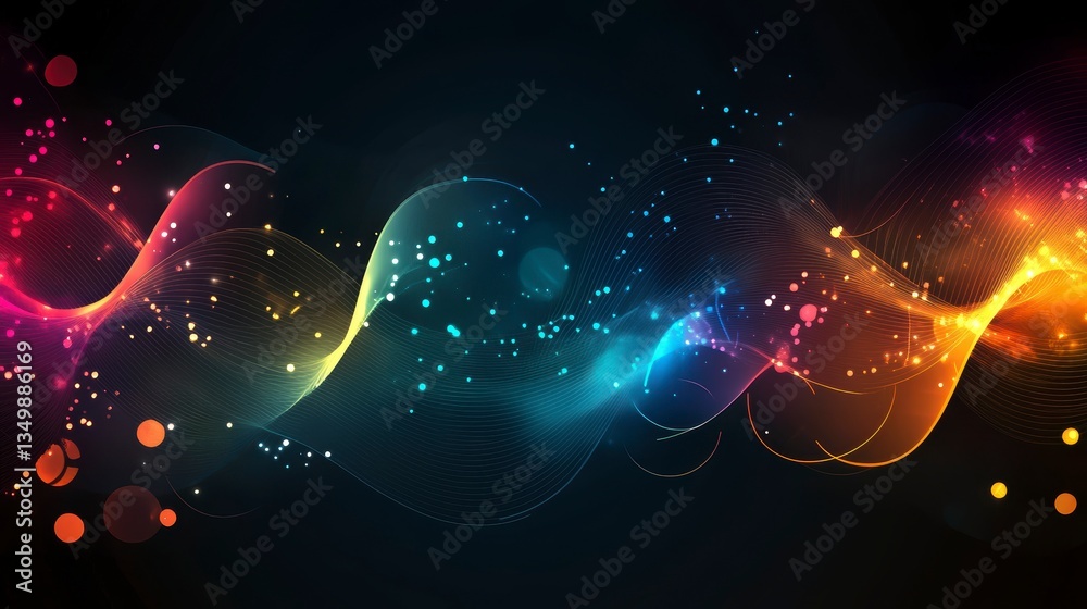 Aufkleber Abstract colorful wavy lines with glowing particles on dark background.