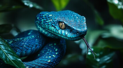 Fototapeta premium A beautiful blue snake with forked tongue and captivating gaze