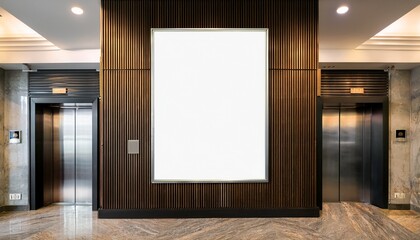 A mockup of a blank poster frame in a plush hotel lobby near the elevator