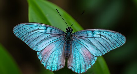 An iridescent butterfly with shimmering wings reflecting hues of pink, indigo, and sky blue.