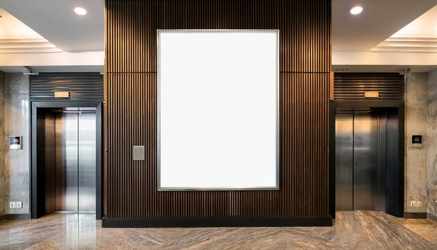 A mockup of a blank poster frame in a plush hotel lobby near the elevator