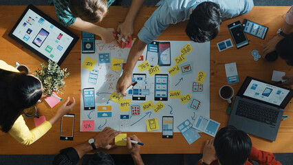 Top view of developer team sharing idea of Ux Ui design by using mind map. Top down view of group of business people working together to brainstorm or plan mobile phone interface app. Convocation. © InfiniteFlow
