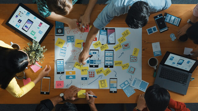 Top view of developer team sharing idea of Ux Ui design by using mind map. Top down view of group of business people working together to brainstorm or plan mobile phone interface app. Convocation.