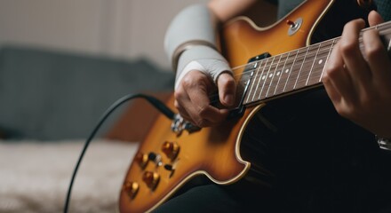 Naklejka premium Person with bandaged hand playing electric guitar indoors