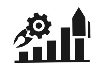 Business growth icon with bar chart, rocket for success, and gear for strategy. Minimalist vector for startups, entrepreneurship, and financial growth.