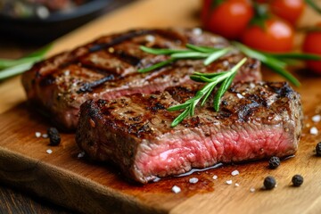 Juicy grilled steak with rosemary and smoked pepper
