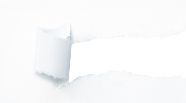 Paper banner with torn hole and rolled edge. Realistic picture of ripped and folded strip or piece of notepad or cardboard page sheet with frame for text. Broken scrap with curled fragment.