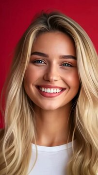 piękna, młoda, szczęśliwa blondynka 20 lat,  pozująca z flagą Polski; koncept polskich wybor&oacute;w prezydenta w 2025 roku; czerwone tło; przestrzeń na tekst; nagranie w rozmiarze mobilnym