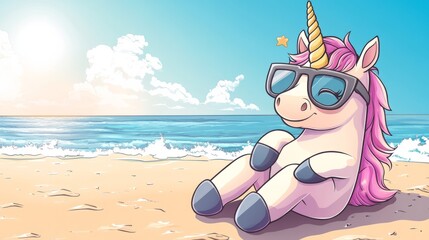 Playful unicorn on a sunny beach, embodying summer vacation vibes, copy space for text