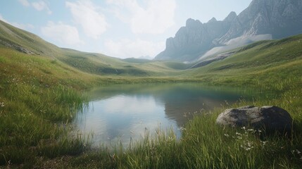 Fototapeta premium Serene mountain meadow pond; tranquil valley scene