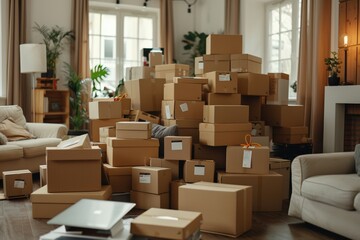 Massive pile of e-commerce packages stacked inside modern living space. Cardboard boxes labeled and ready for shipping, highlighting online shopping and delivery logistics...