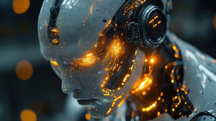 A close-up of a humanoid android's synthetic skin, with delicate glowing circuits running beneath its translucent surface.