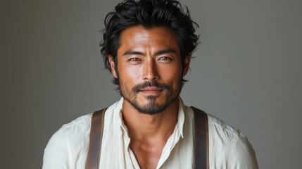 Fototapeta premium Portrait of a man with a confident expression, wearing a casual shirt, against a neutral background