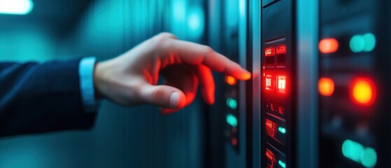Hand pressing button on data server panel in technology room