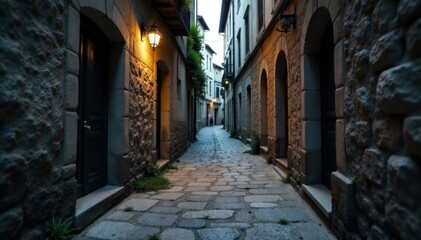 Fototapeta premium Dark, moody alleyway lined with crumbling stone walls, textured, dark, bleak