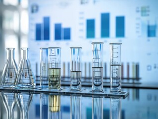 Laboratory glassware with liquids; data graphs in background; scientific research; possible use for education, science articles, or reports
