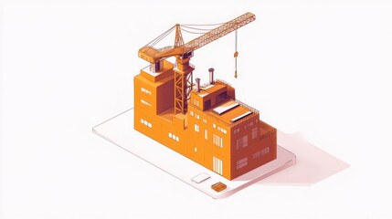 Isometric factory construction on phone. Use for digital construction, architecture, design