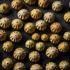 Lotus Seeds and Pods on a Dark Stone Surface
