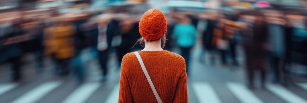 A woman in a red hat stands on a crosswalk in front of a crowd of people. The scene is blurry and chaotic, with people walking in all directions