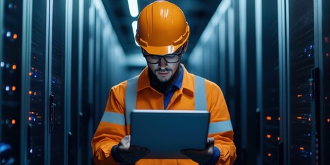 Caucasian male engineer in data center wearing safety gear and inspecting equipment