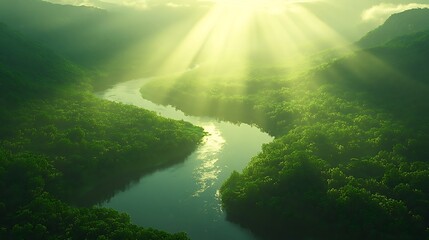 Serene River Winding Through Dense Green Forest with Sunlight Filtering Through Trees