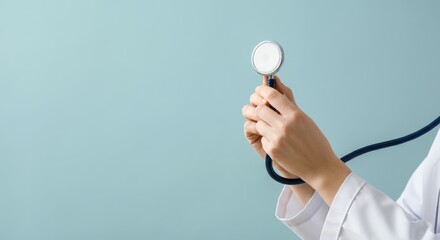 Female Asian doctor holding stethoscope against light blue background