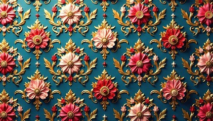 Elegant floral damask pattern, intricate details, blossom, seamless, illustration