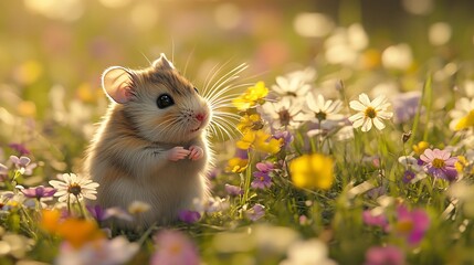 Hamster sits upright in field of wildflowers, backlit by golden sunshine