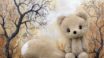 Teddy bear in autumnal forest backdrop