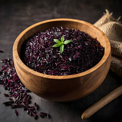 Black Rice in a Wooden Bowl with Raw Grains Scattered

