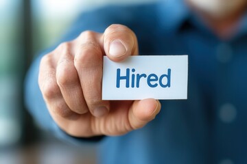 Close-up of person holding job offer card with 'hired' text