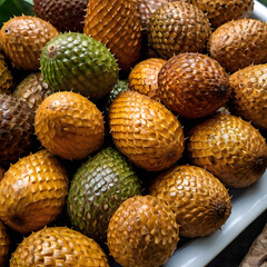 Salak (Snake Fruit) Display with Peeled Section
