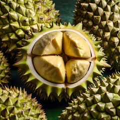Fresh Durian with Opened Spiky Shell Exposing Yellow Flesh
