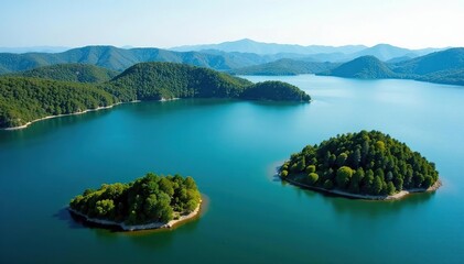 Irregular shaped lake with inlets and islands, drone, inlet, environment