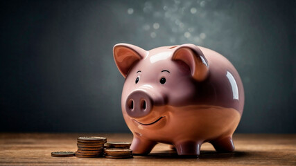 Piggy bank with coins on wooden table and dark background. Money saving concept