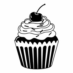 a line art vector illustration of black and white cupcake icon in white backgrourd