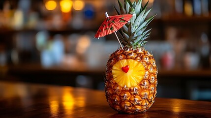 Refreshing Tropical Drink in a Hollow Pineapple with Straw and Mini Umbrella