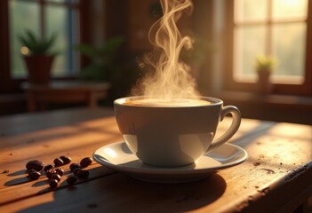swirling steam rising from freshly brewed coffee mug creating cozy inviting atmosphere warm tones rich aromatic hues, barista, cup, espresso, latte, mocha