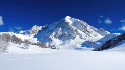 Obraz premium Snowy mountain vista under a vibrant blue sky. Vast expanse of pristine white snow blankets the valley and slopes of majestic peaks