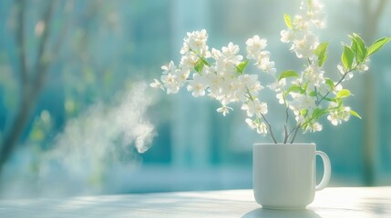 Fototapeta premium White spring blossoms in a ceramic mug stand on a table with rising steam in bright morning sunlight.