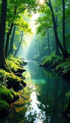 A tranquil river flowing through a peaceful forest, peaceful scene, nature, natural
