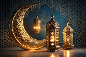 Golden Crescent Moon and Lanterns on Islamic Background. Crescent Moon with Lanterns. Decorative Background.