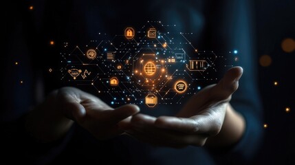 Hand holding digital icons for risk management and assessment on a dark background
