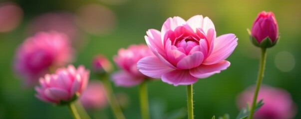 Obraz premium Delicate pink ranunculus flowers in full bloom, vibrant colors, botanical