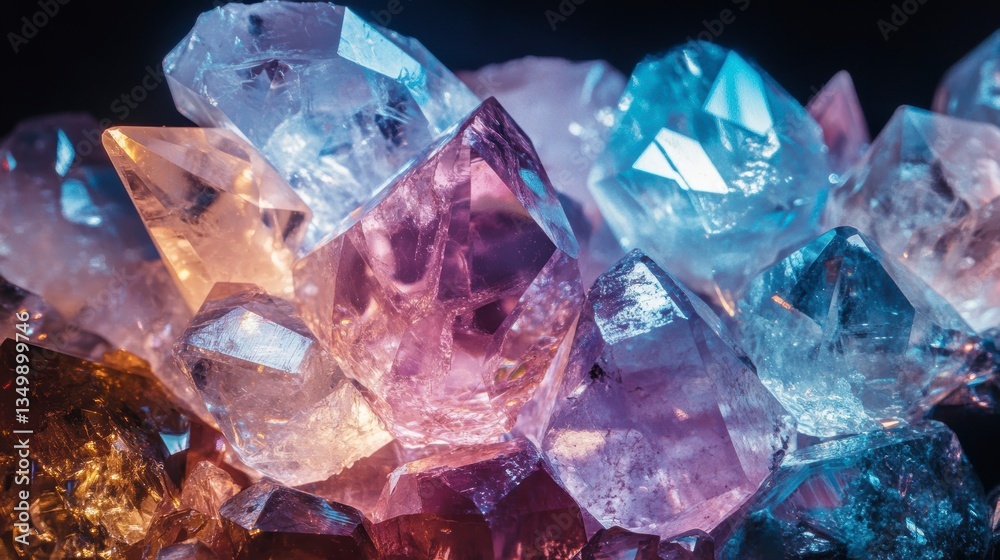 Poster Close-up of vibrant, multicolored crystals with sharp points and facets, illuminated with dramatic lighting.