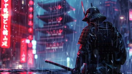 Style of a samurai standing in the rain with a neon cyber city background. AI generated image